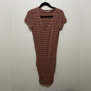 prAna Striped Modal Bodycon Midi Dress Rust Ruched Size Small Slow Fashion